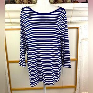 Chicos NWOT boat neck sapphire blue and white nautical top w/ studs on shoulders